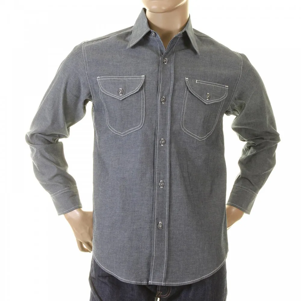 Mens Navy Non Wash Vintage Cut USA Made Regular Fit Long Sleeve Chambray Workwear Shirt SC25638N