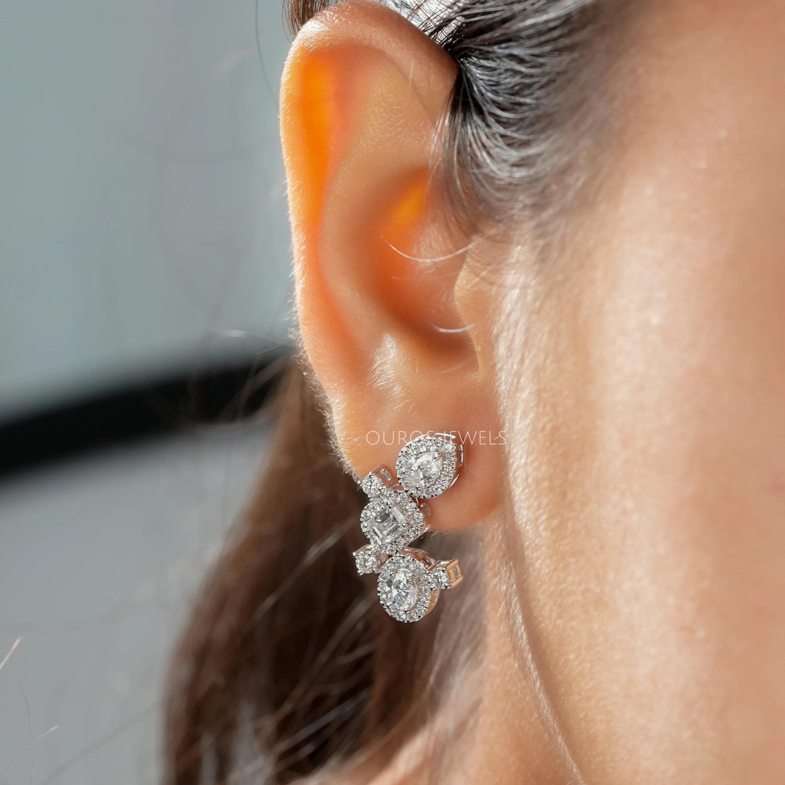 Multi Shape Halo Diamond Drop Earrings