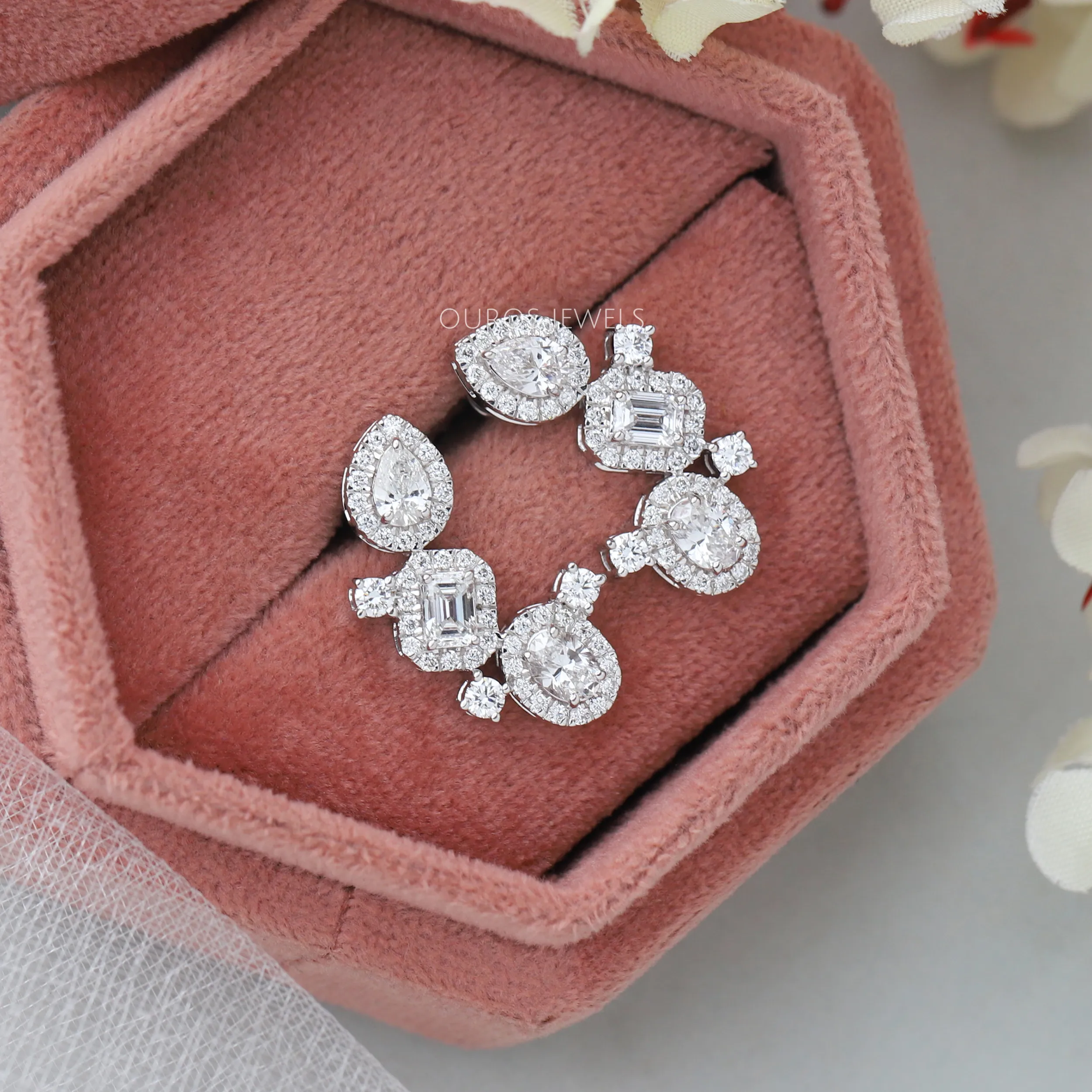 Multi Shape Halo Diamond Drop Earrings