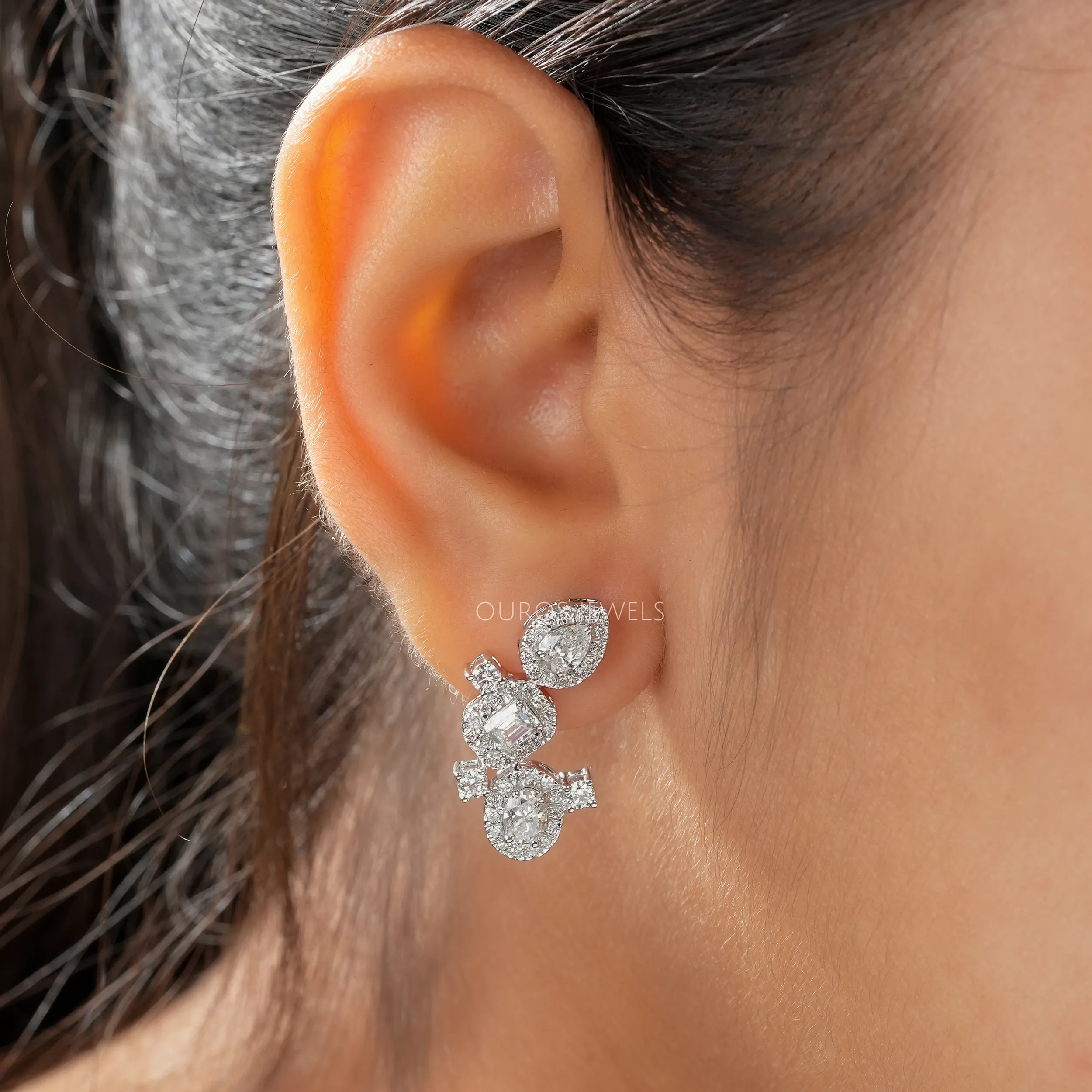 Multi Shape Halo Diamond Drop Earrings