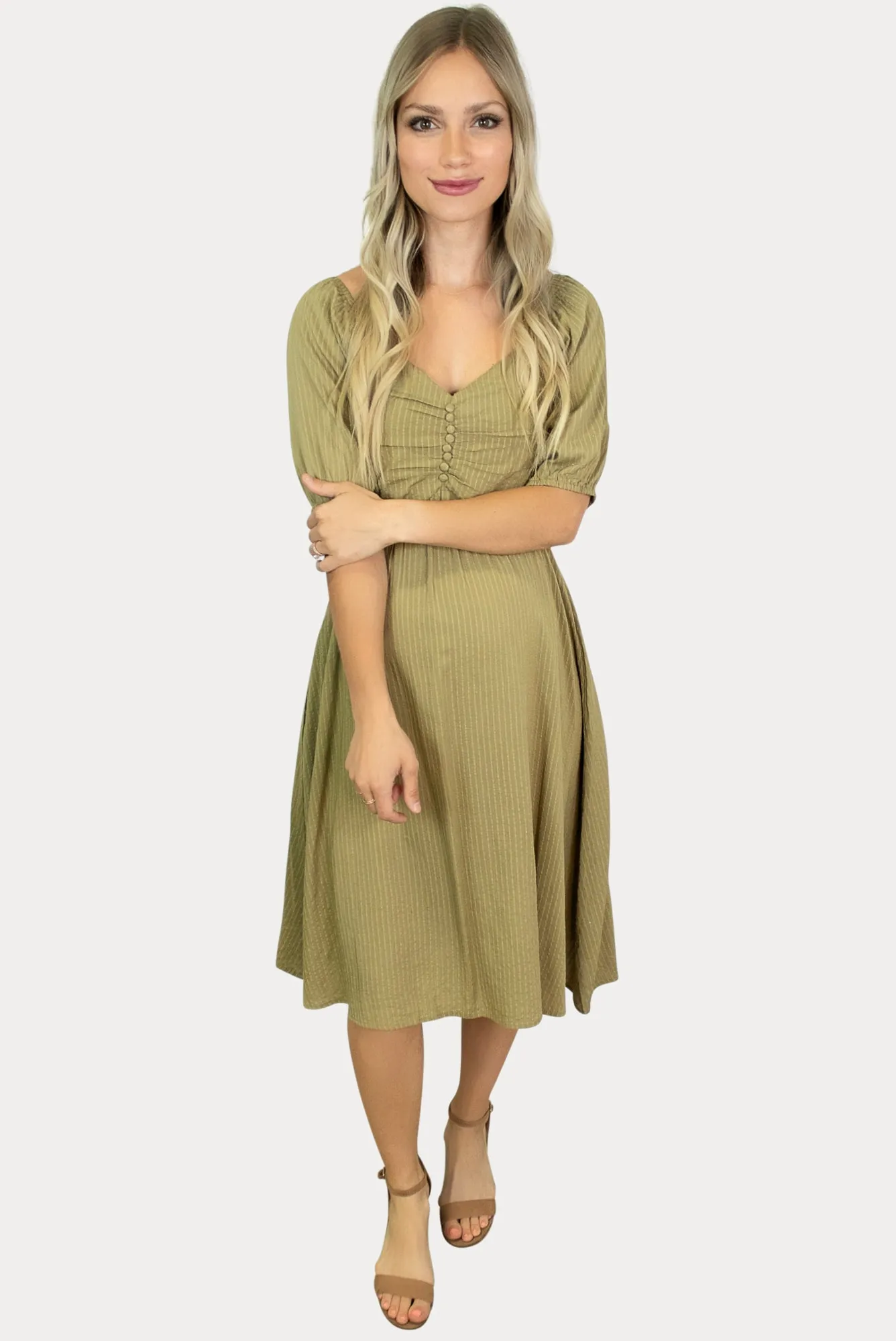 Olive Button Down Striped Maternity Dress