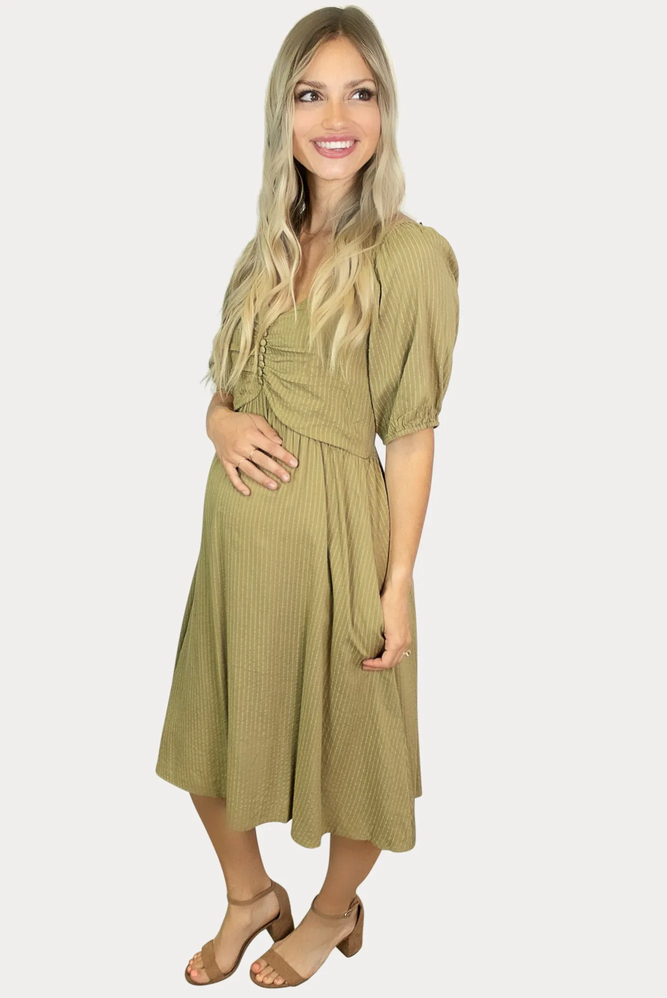 Olive Button Down Striped Maternity Dress