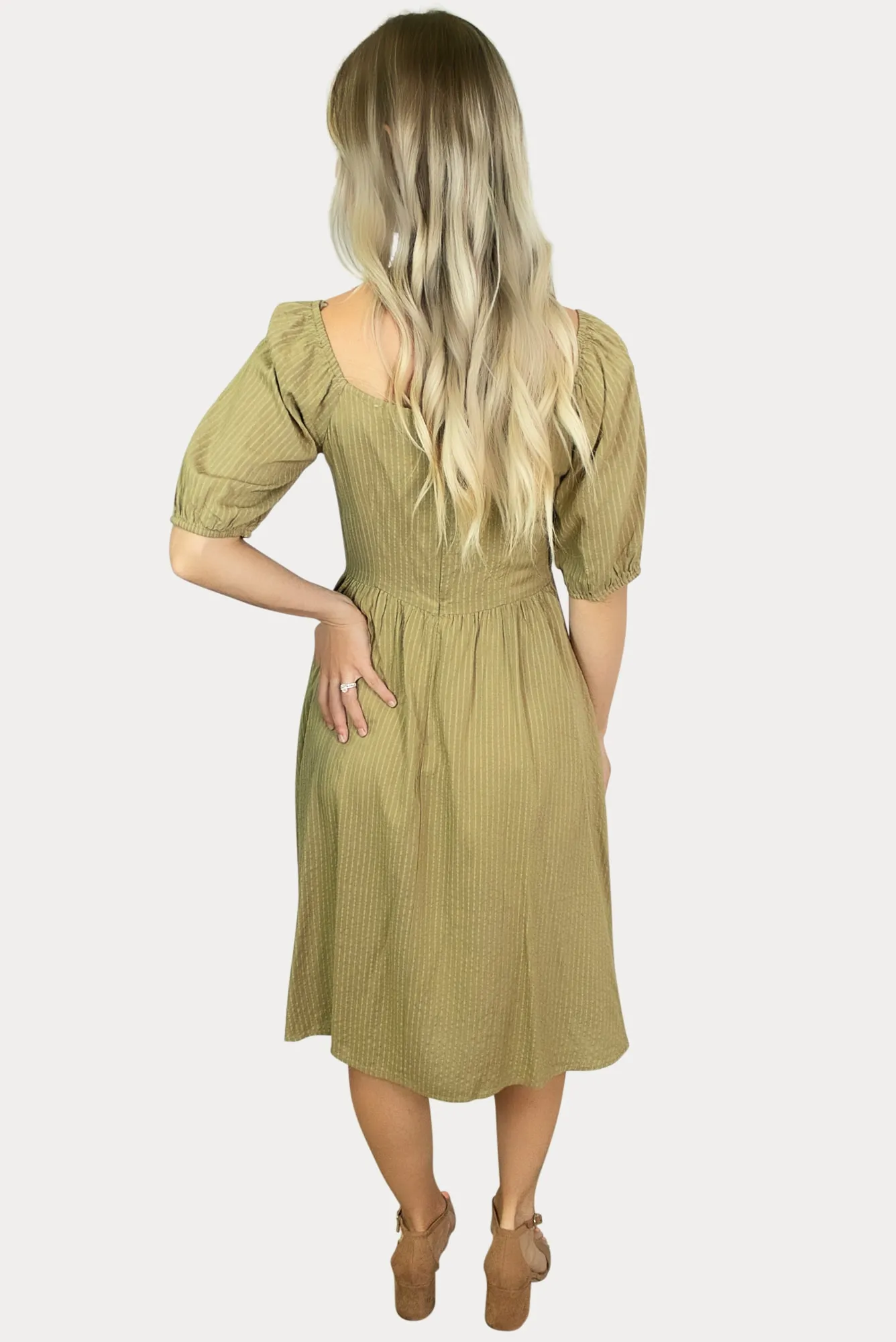 Olive Button Down Striped Maternity Dress