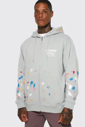 Oversized Paint Splatter Zip Through Hoodie | boohooMAN UK