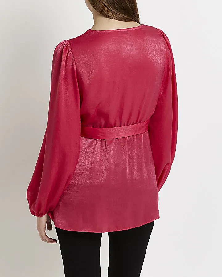 Pink satin maternity wrap blouse