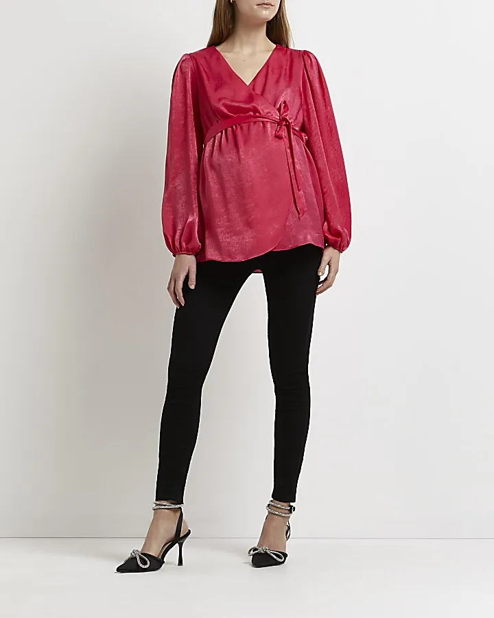 Pink satin maternity wrap blouse