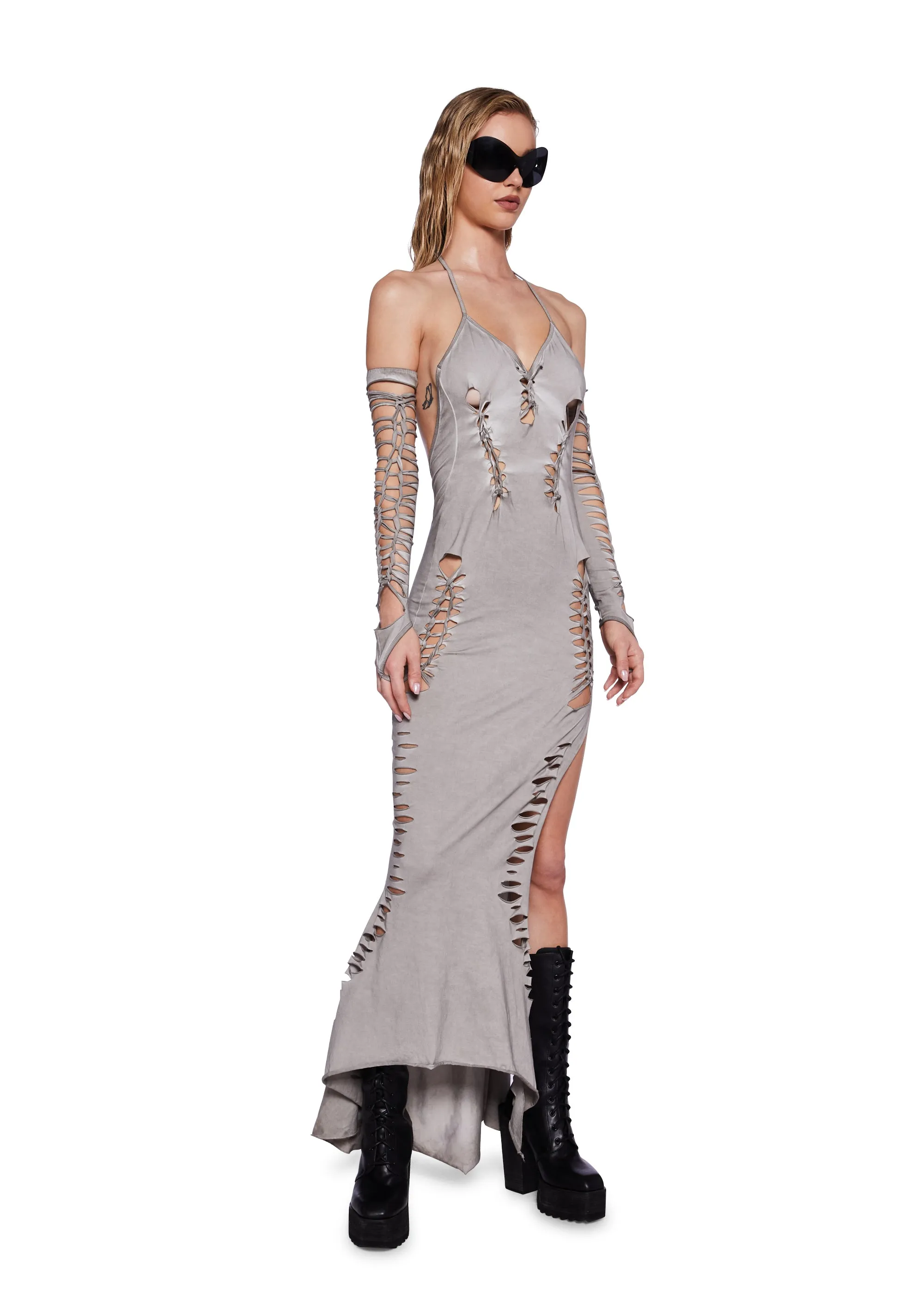 Pitch Shredded Maxi Dress And Gloves Set-