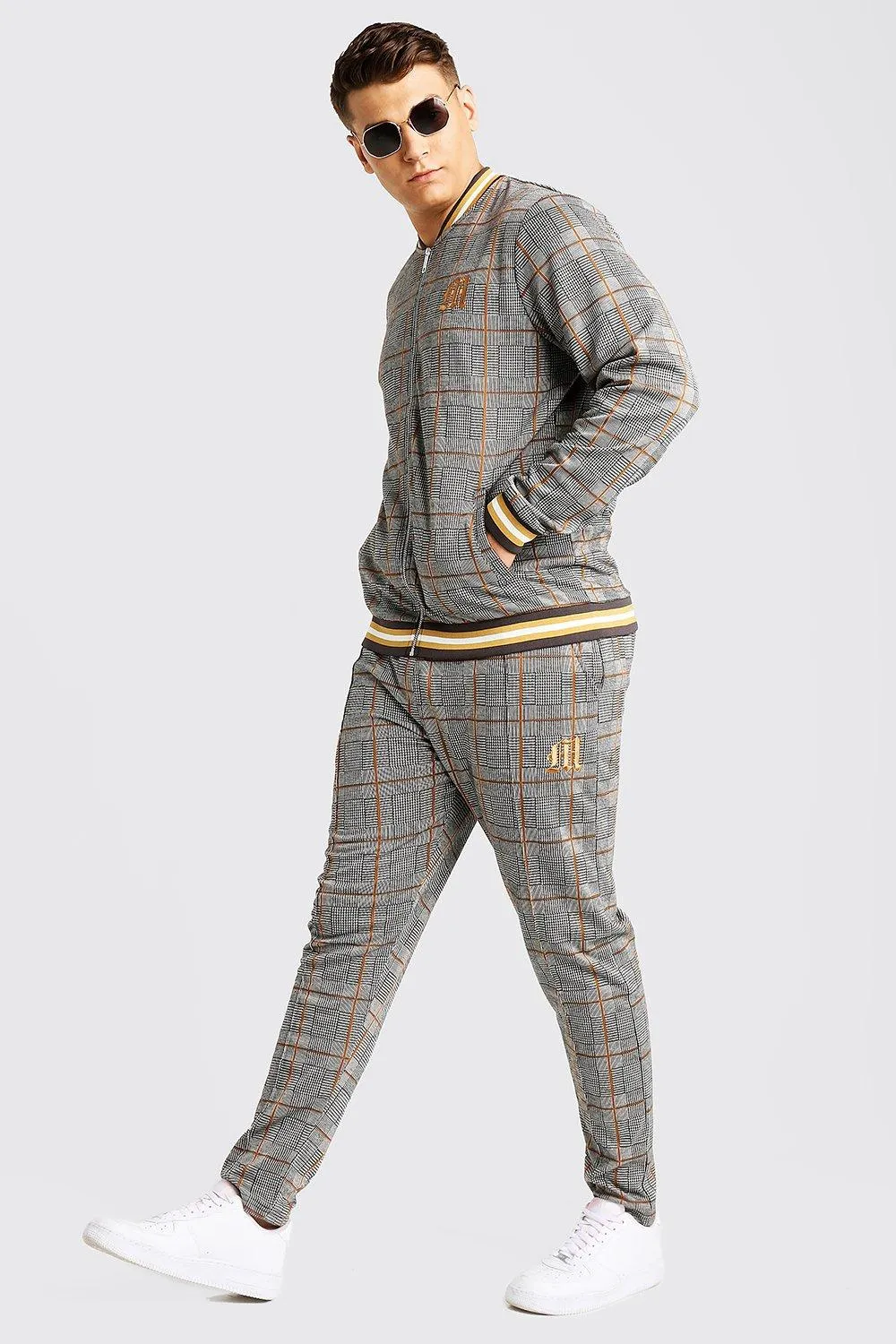 Plus Size Check Tracksuit With M Embroidery | boohooMAN UK