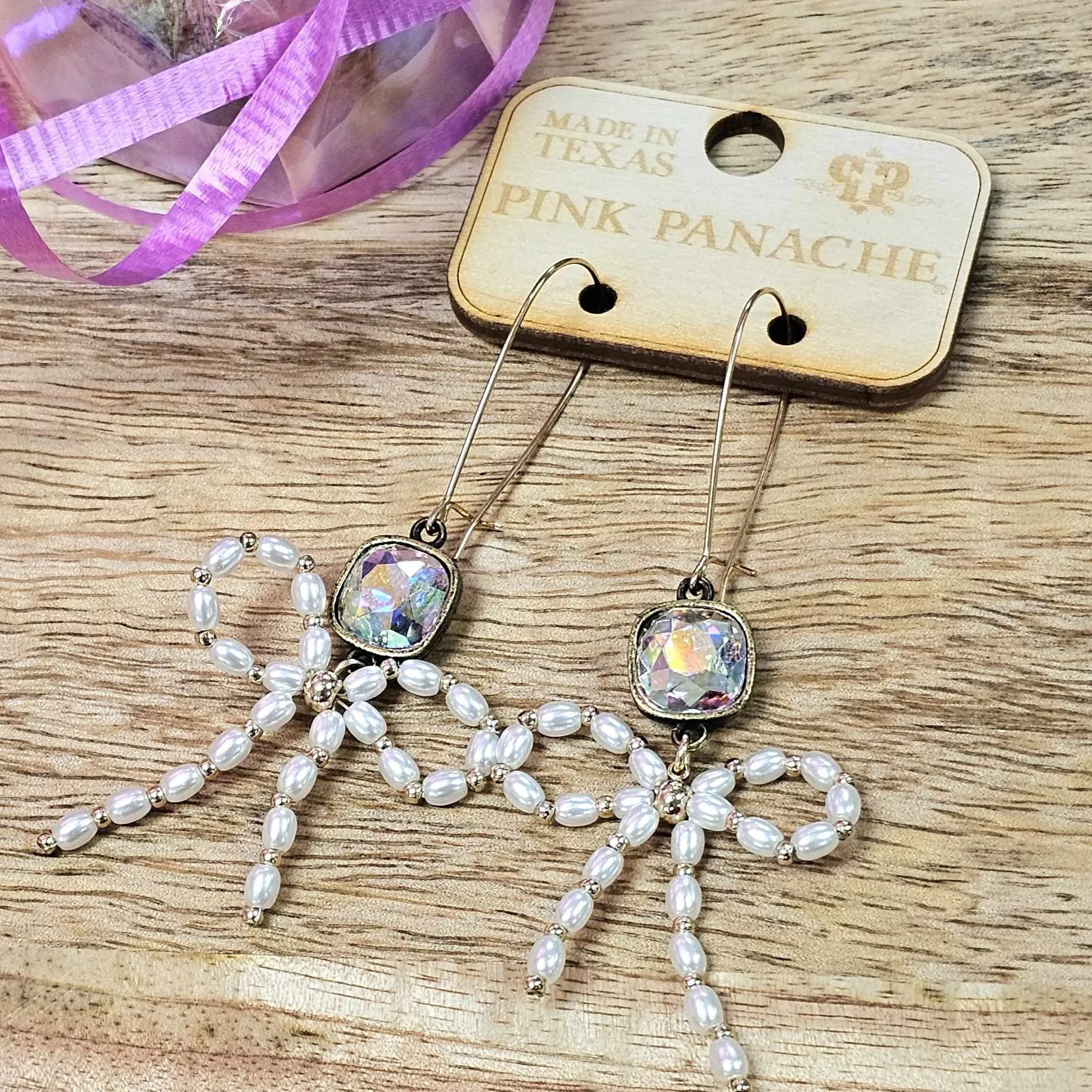 PP AB Pearl Bow Gold Kidney Wire Earrings