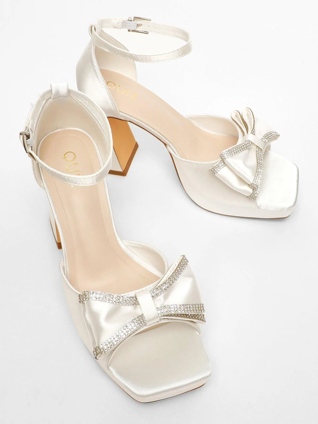 Quiz White Satin Bow Front Platform Heeled Sandals