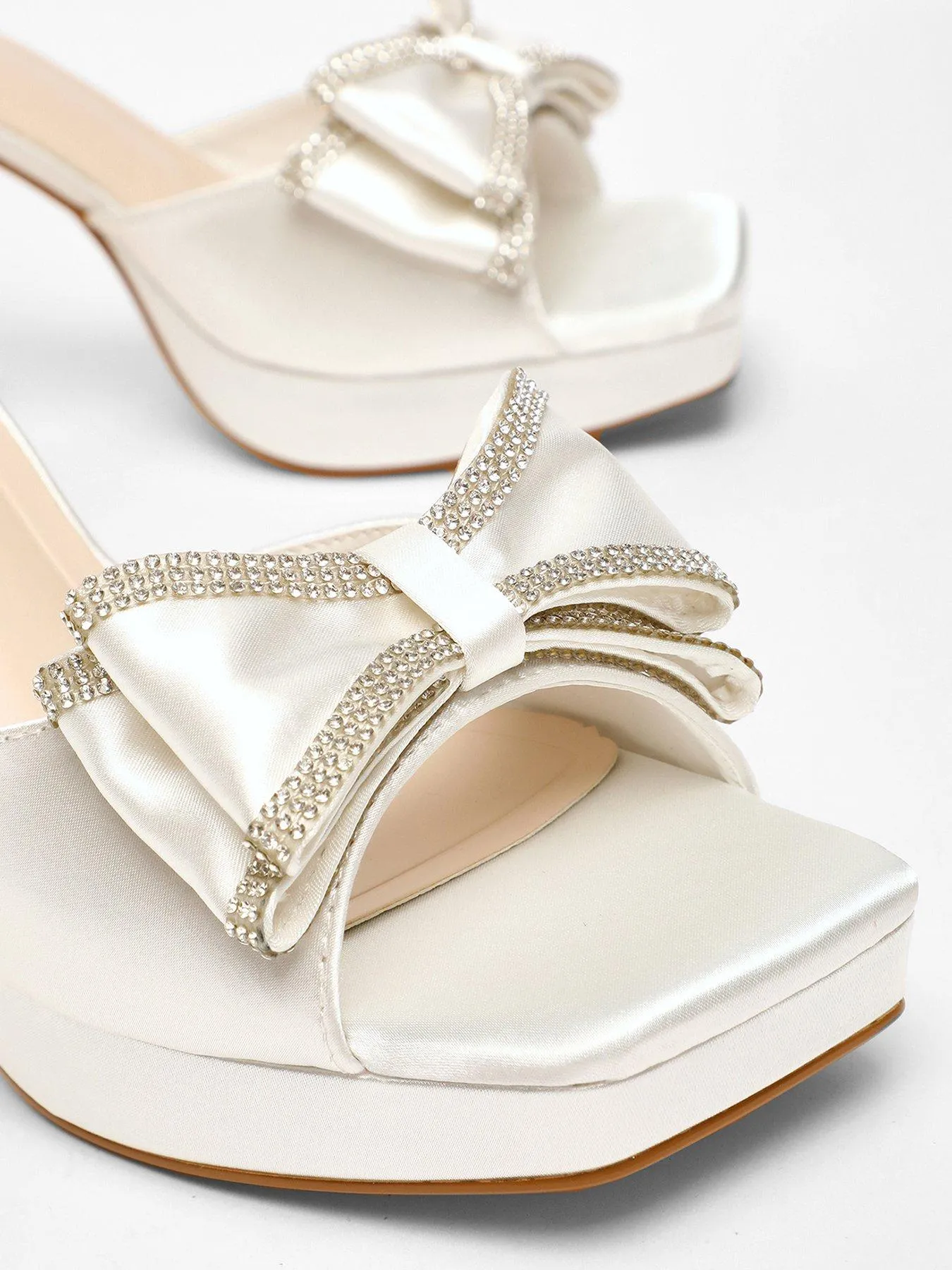 Quiz White Satin Bow Front Platform Heeled Sandals