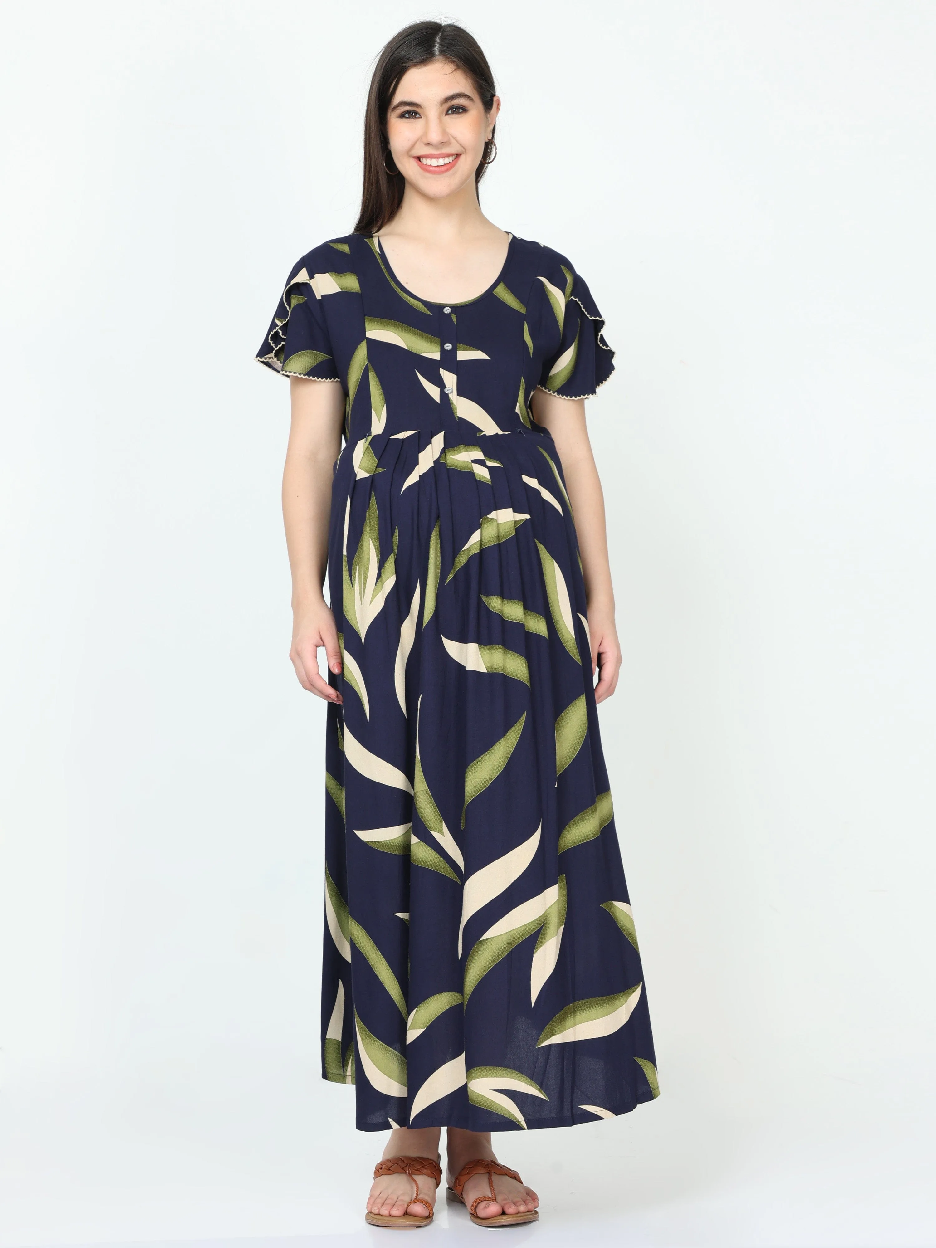 Rayon Maternity Feeding Dress Blue Green