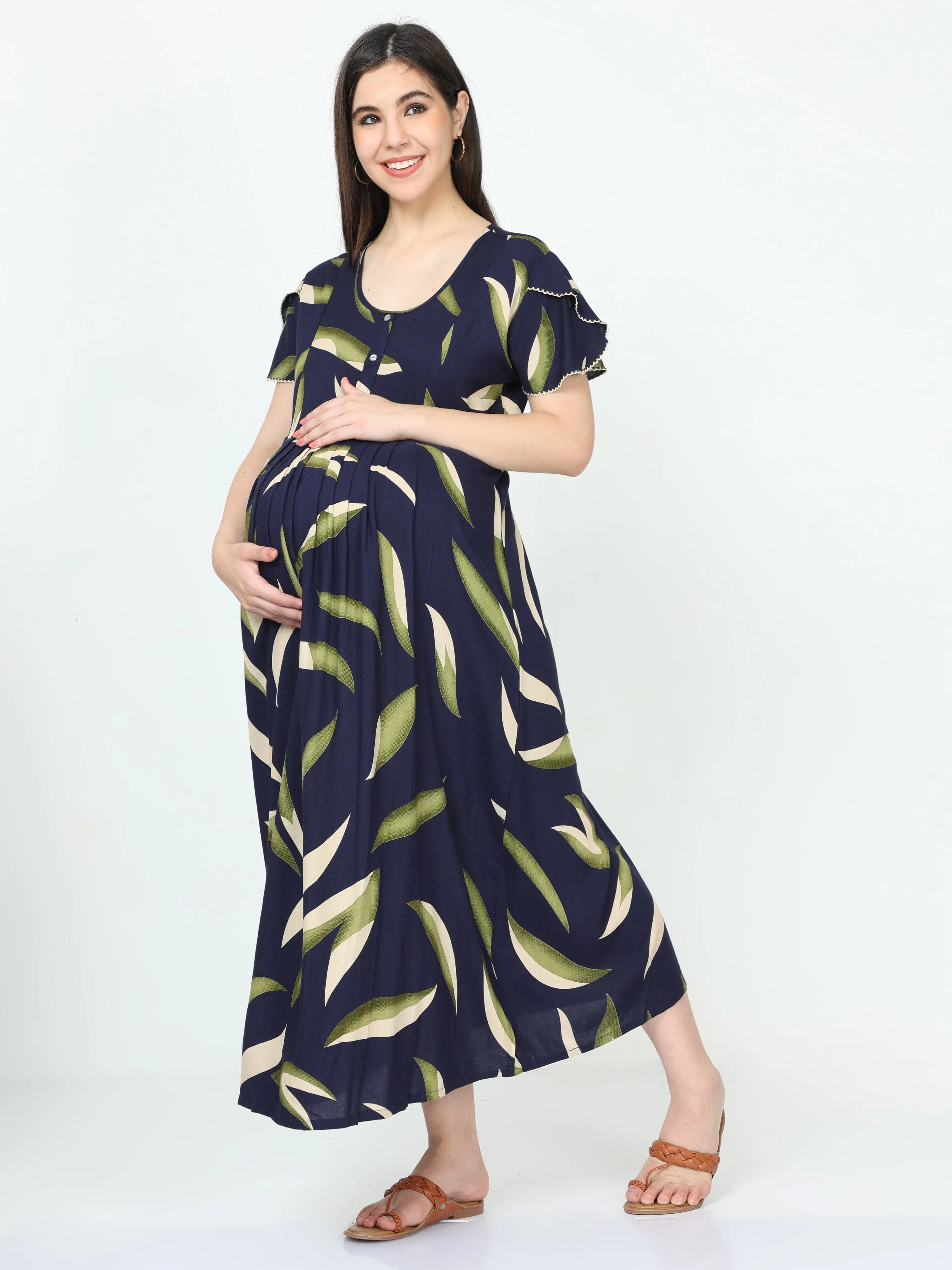 Rayon Maternity Feeding Dress Blue Green