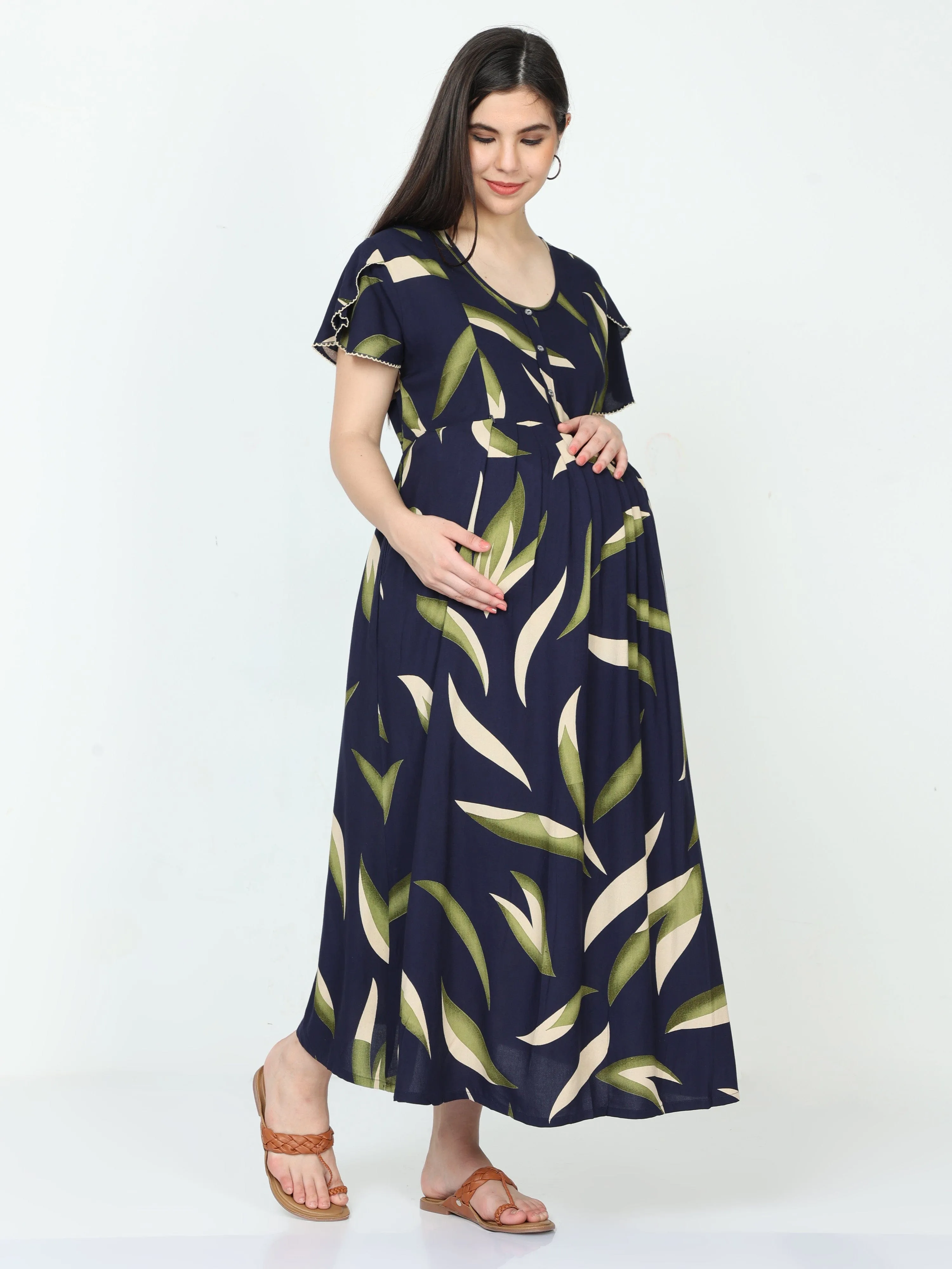 Rayon Maternity Feeding Dress Blue Green