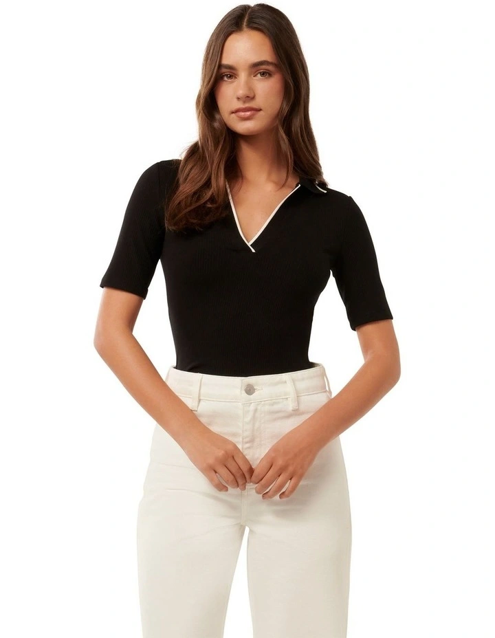 Reina Contrast Polo Top in Black