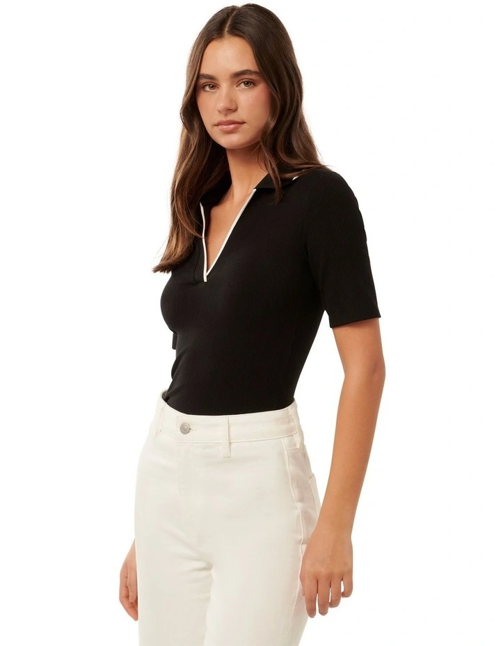 Reina Contrast Polo Top in Black