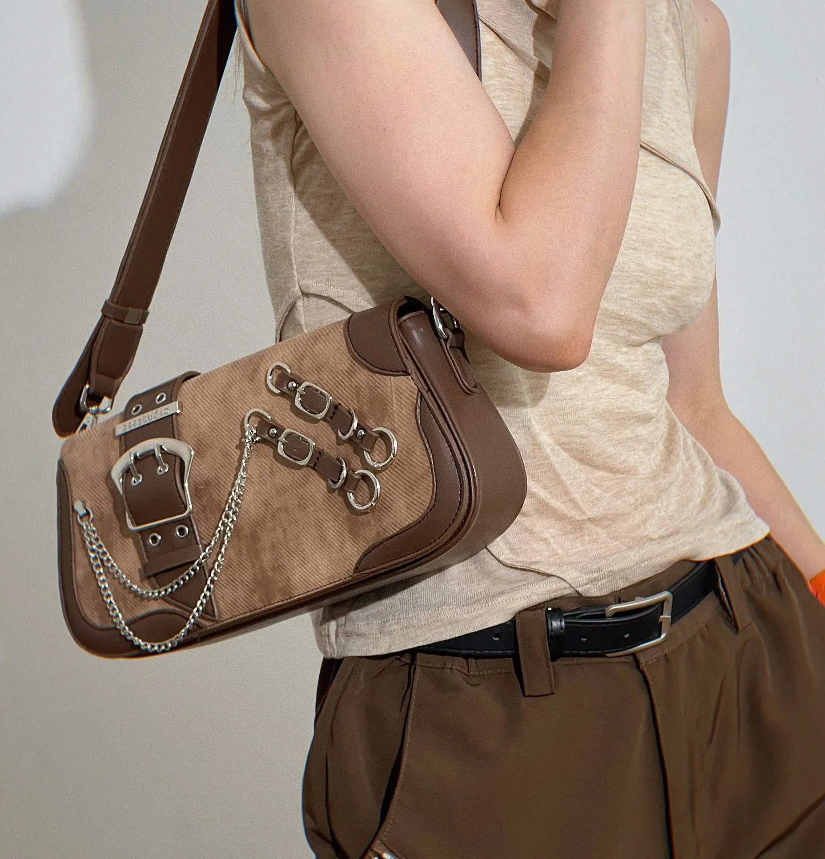 Retro Grunge Industrial Brown Leather Strap Shoulder Bag