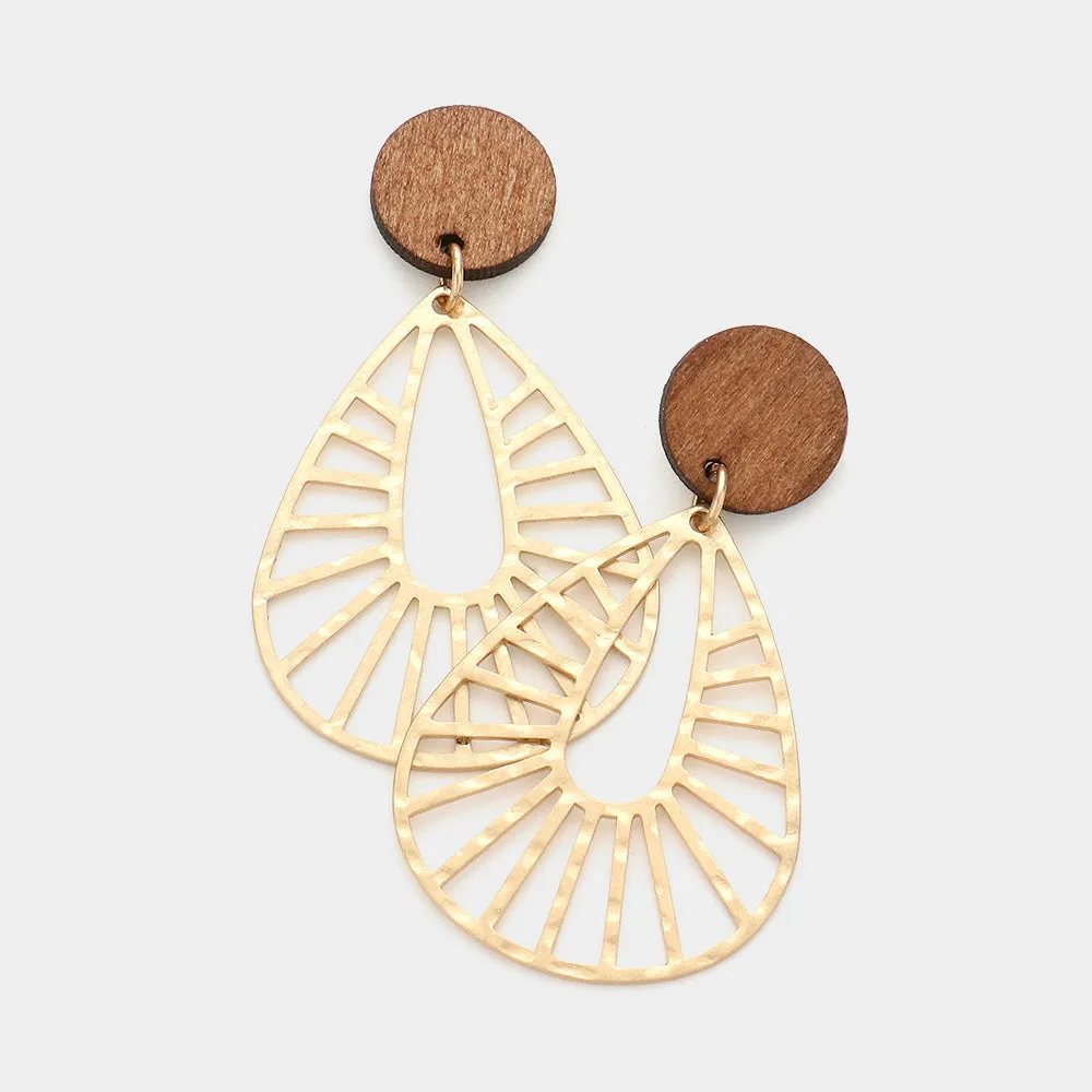 Round Wood Metal Teardrop Link Dangle Earrings