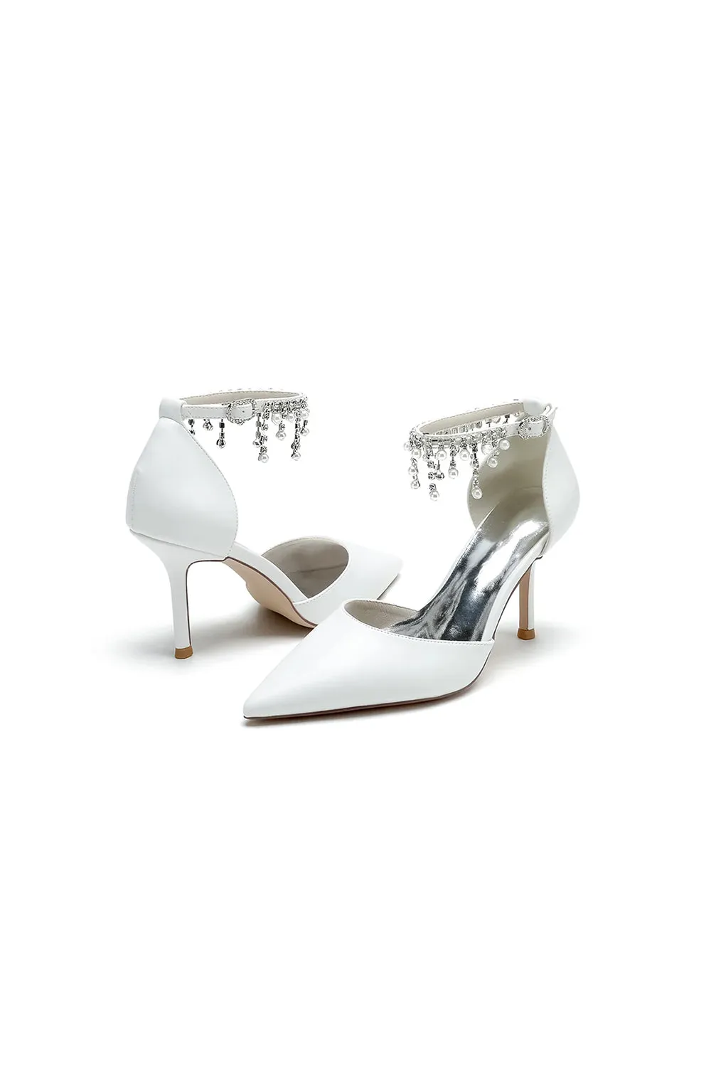 Satin Ankle Strap Pearl Beaded Satin Wedding Shoes