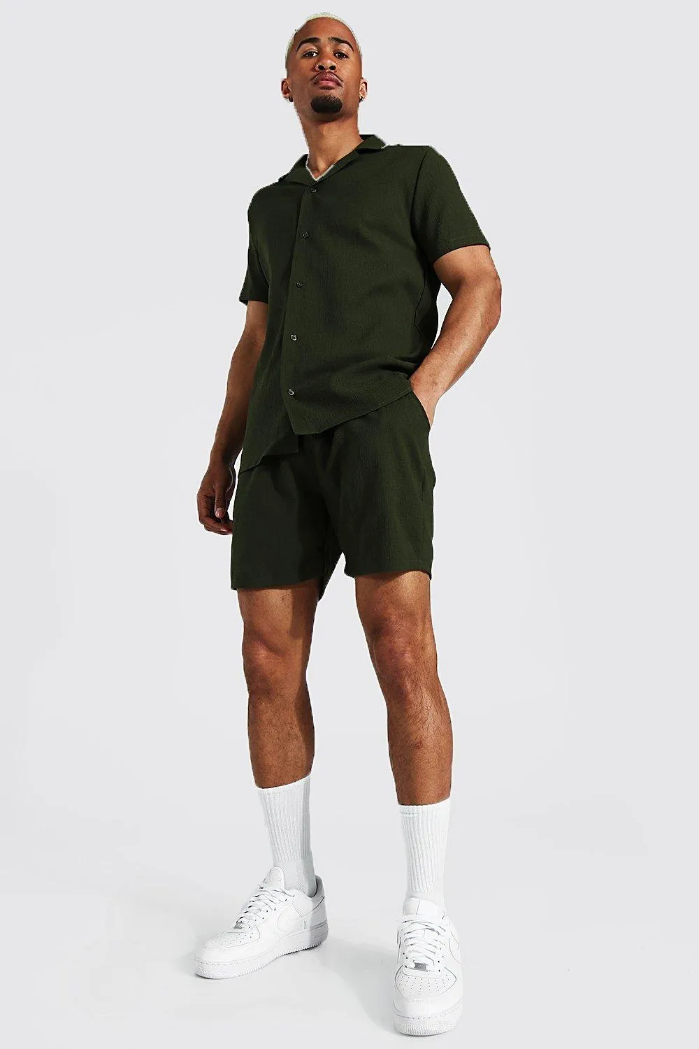 Short Sleeve Crinkle Texture Shirt And Short | boohooMAN UK