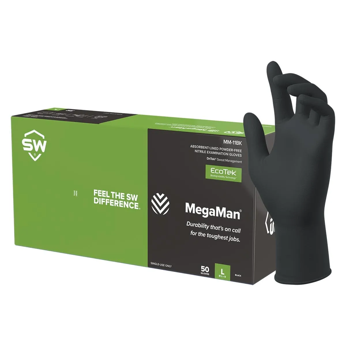 SW Sustainability MegaMan MM-11BK 8.5-mil Sweat-Absorbing Biodegradable Nitrile Gloves, 50pk