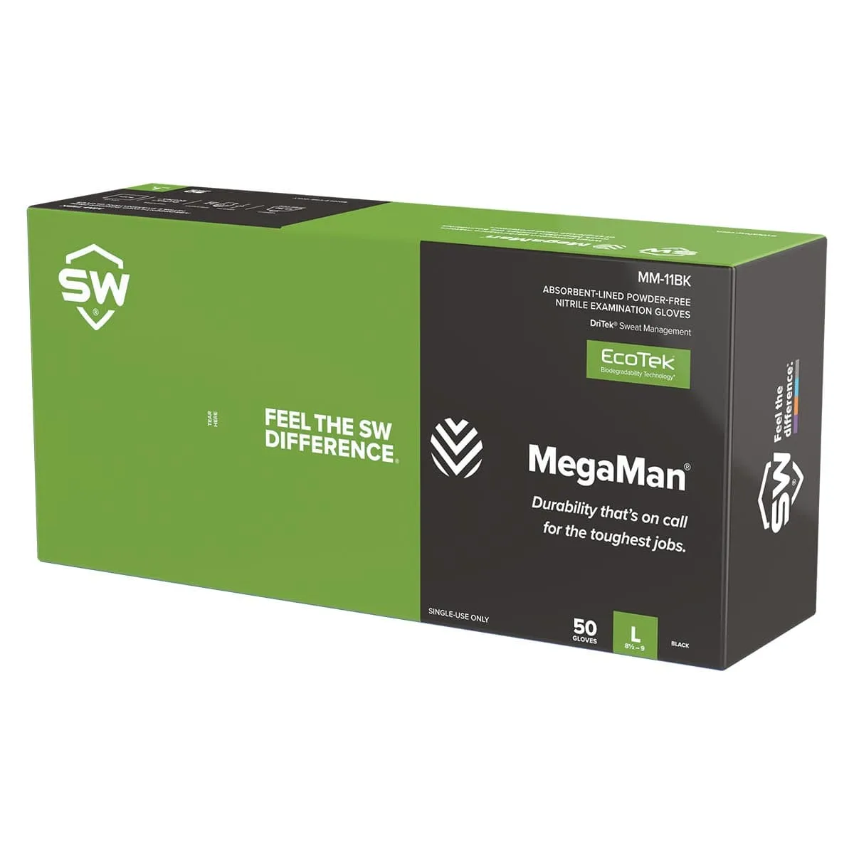 SW Sustainability MegaMan MM-11BK 8.5-mil Sweat-Absorbing Biodegradable Nitrile Gloves, 50pk