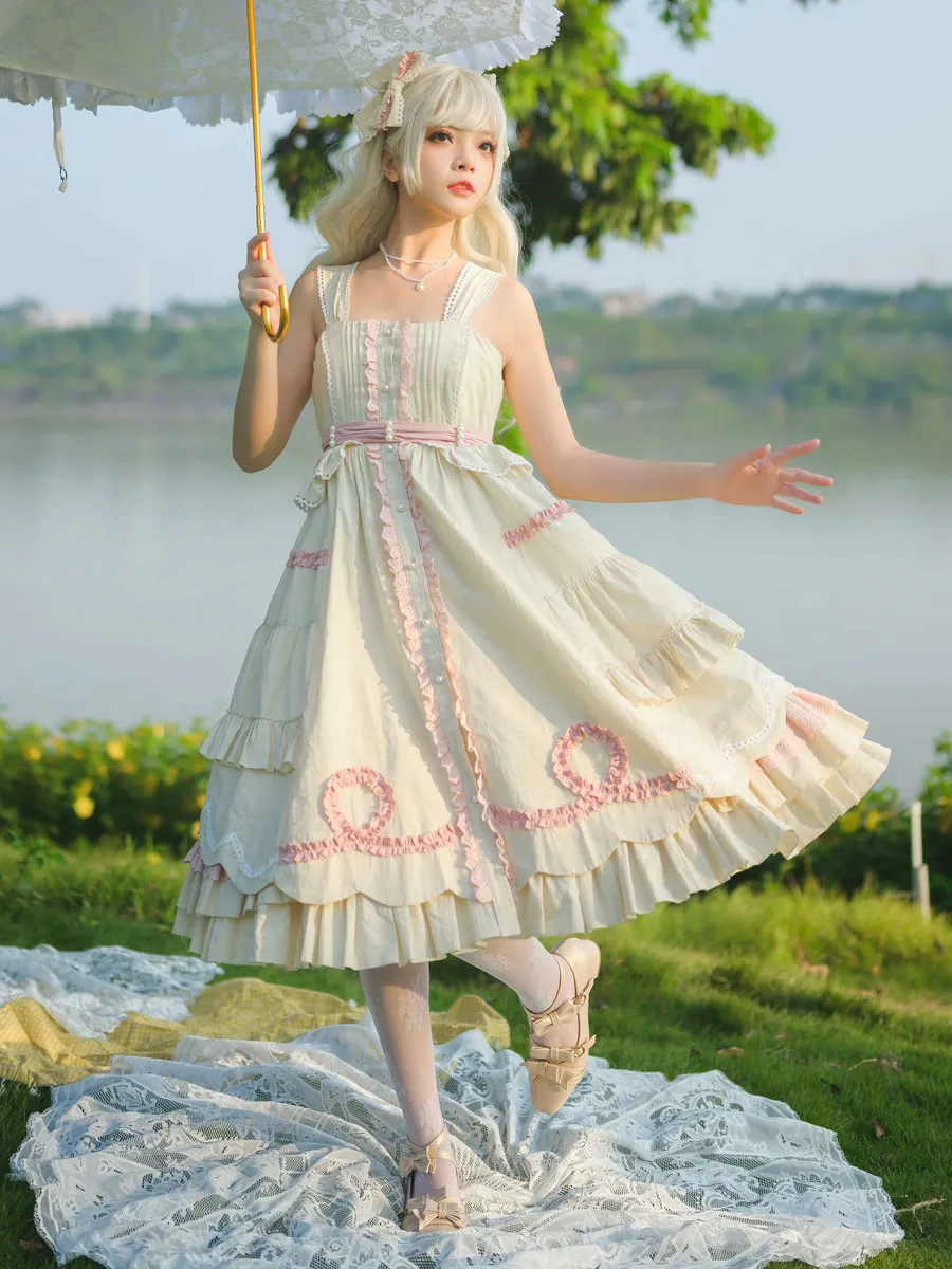 Sweet Lolita Dress Polyester Sleeveless Ruffles Jumper Dress