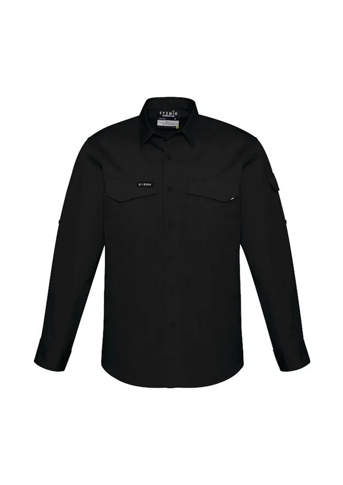 SYZMIK Workwear ZW400 Mens Long Sleeve Rugged Shirt - Cooling - Cotton Ripstop - Venting - Stretch - Modern Fit - Black - XXS