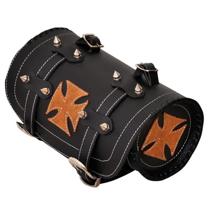 Tan Iron Cross Gothic Biker Leather Tool Roll Bag