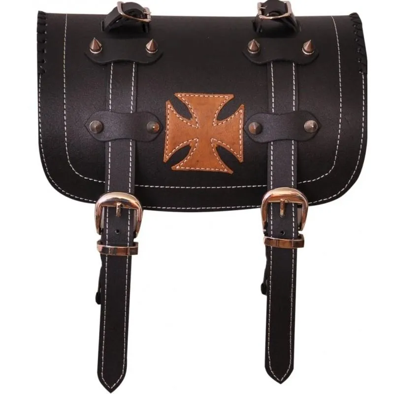 Tan Iron Cross Gothic Biker Leather Tool Roll Bag