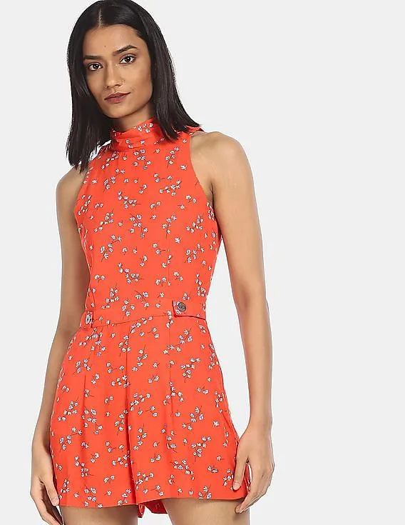 Tommy Hilfiger Women Orange Mock Neck Atlanta Floral Print Romper