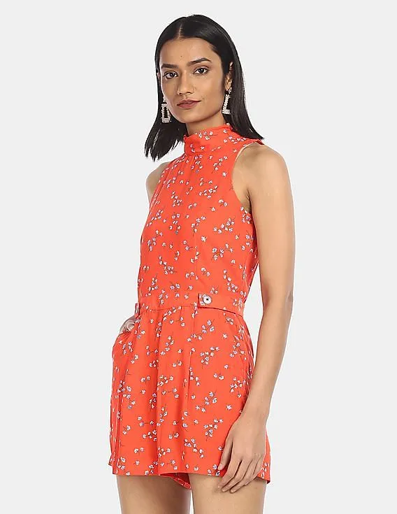 Tommy Hilfiger Women Orange Mock Neck Atlanta Floral Print Romper