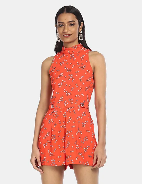 Tommy Hilfiger Women Orange Mock Neck Atlanta Floral Print Romper