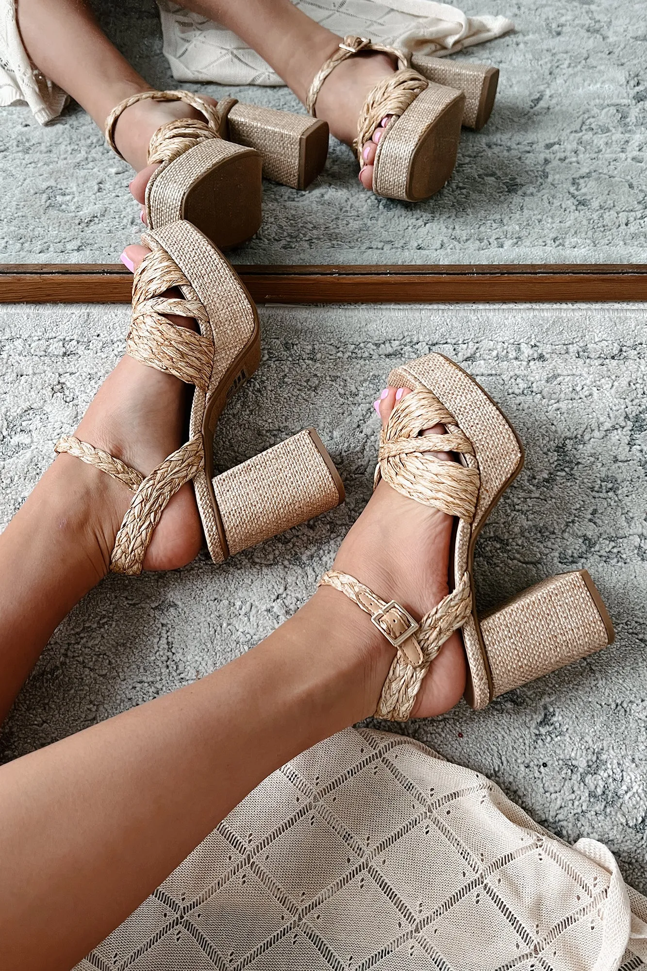 Trendy & Tropical Raffia Heeled Platform Sandals (Dark Natural)