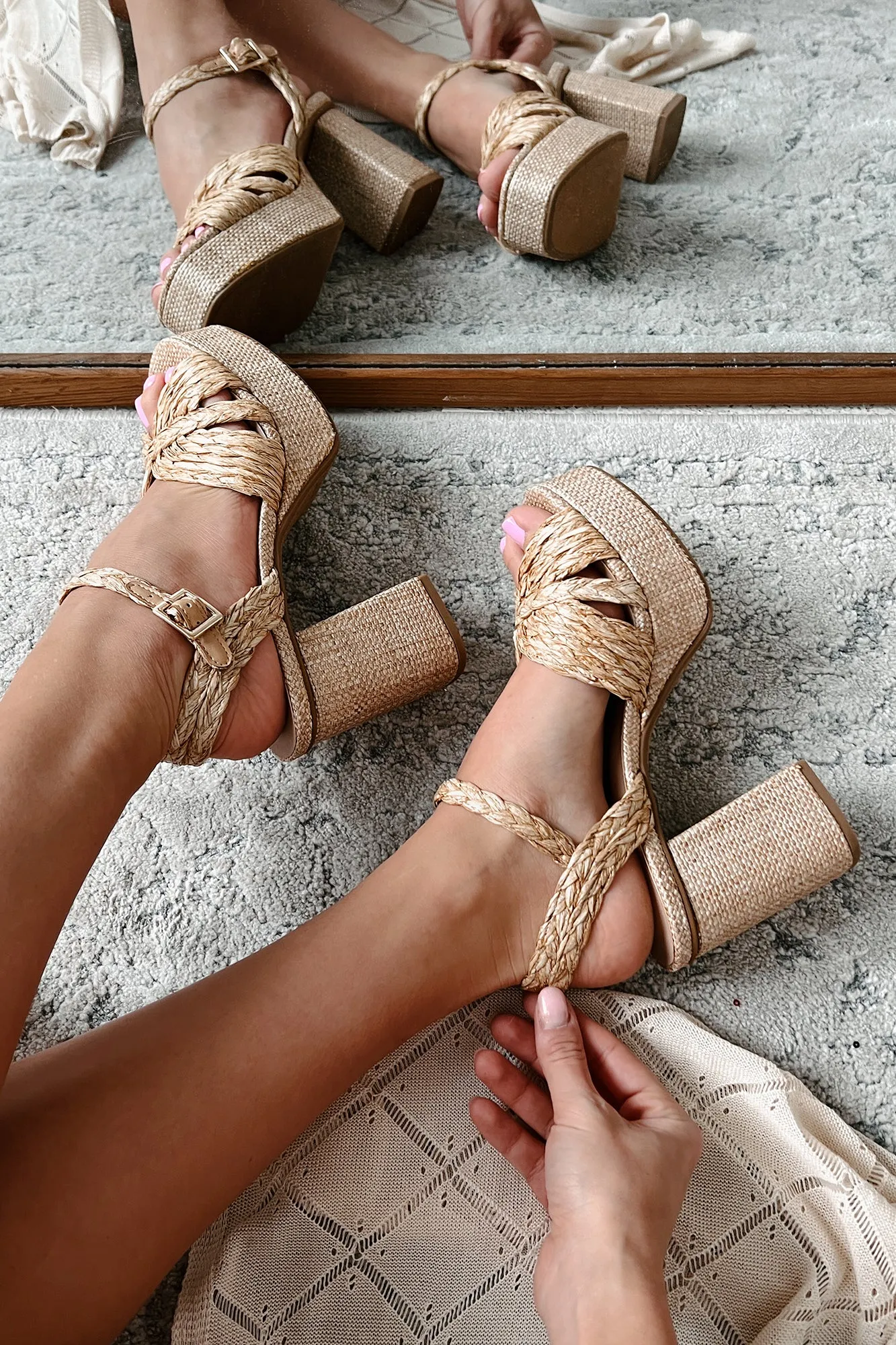 Trendy & Tropical Raffia Heeled Platform Sandals (Dark Natural)