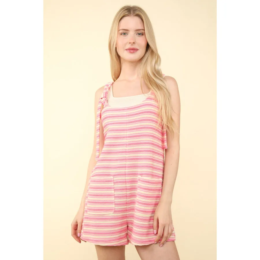 VERY J Tie Shoulder Front Pocket Striped Contrast Romper