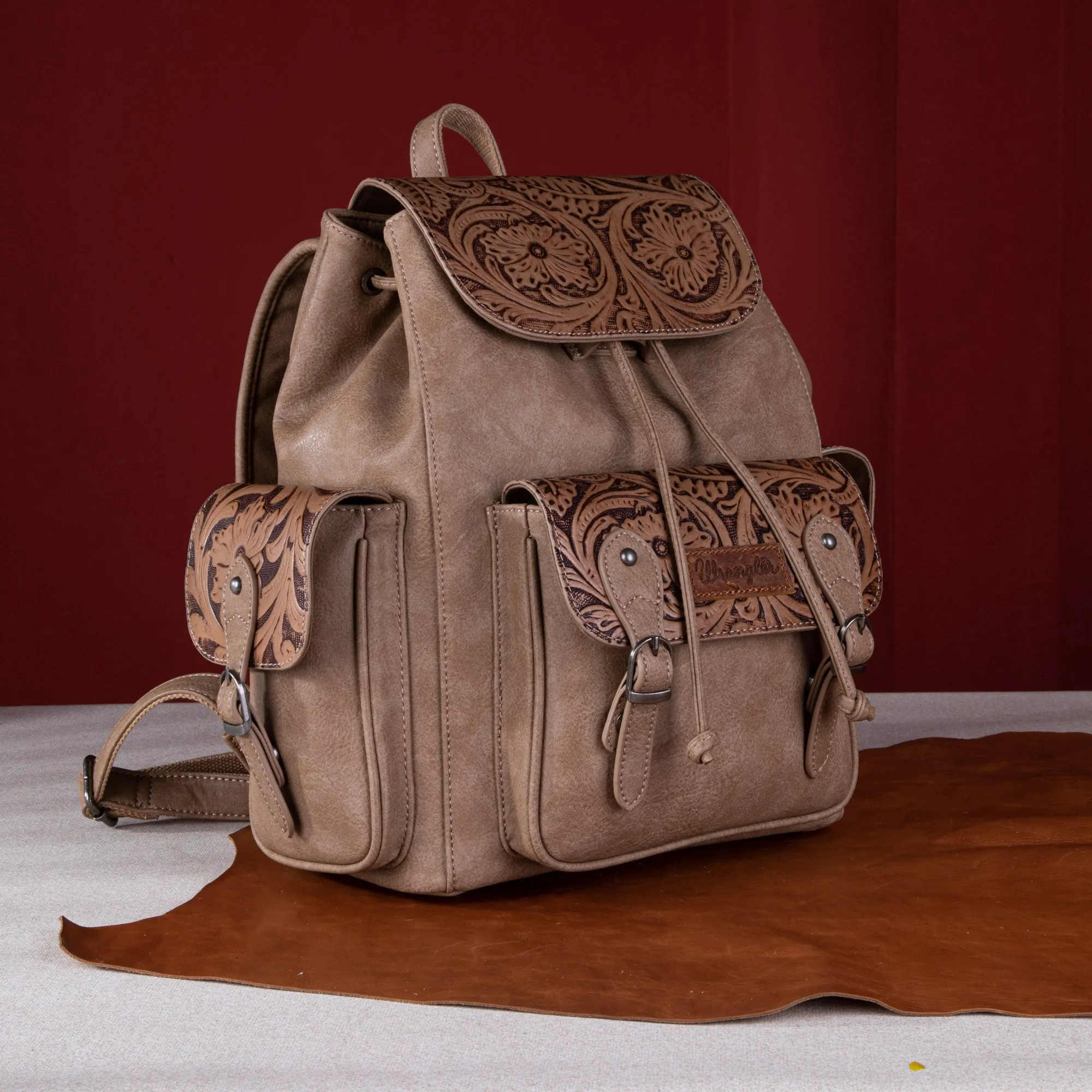 WG12-9110B  Wrangler Vintage Floral Tooled Backpack - Khaki