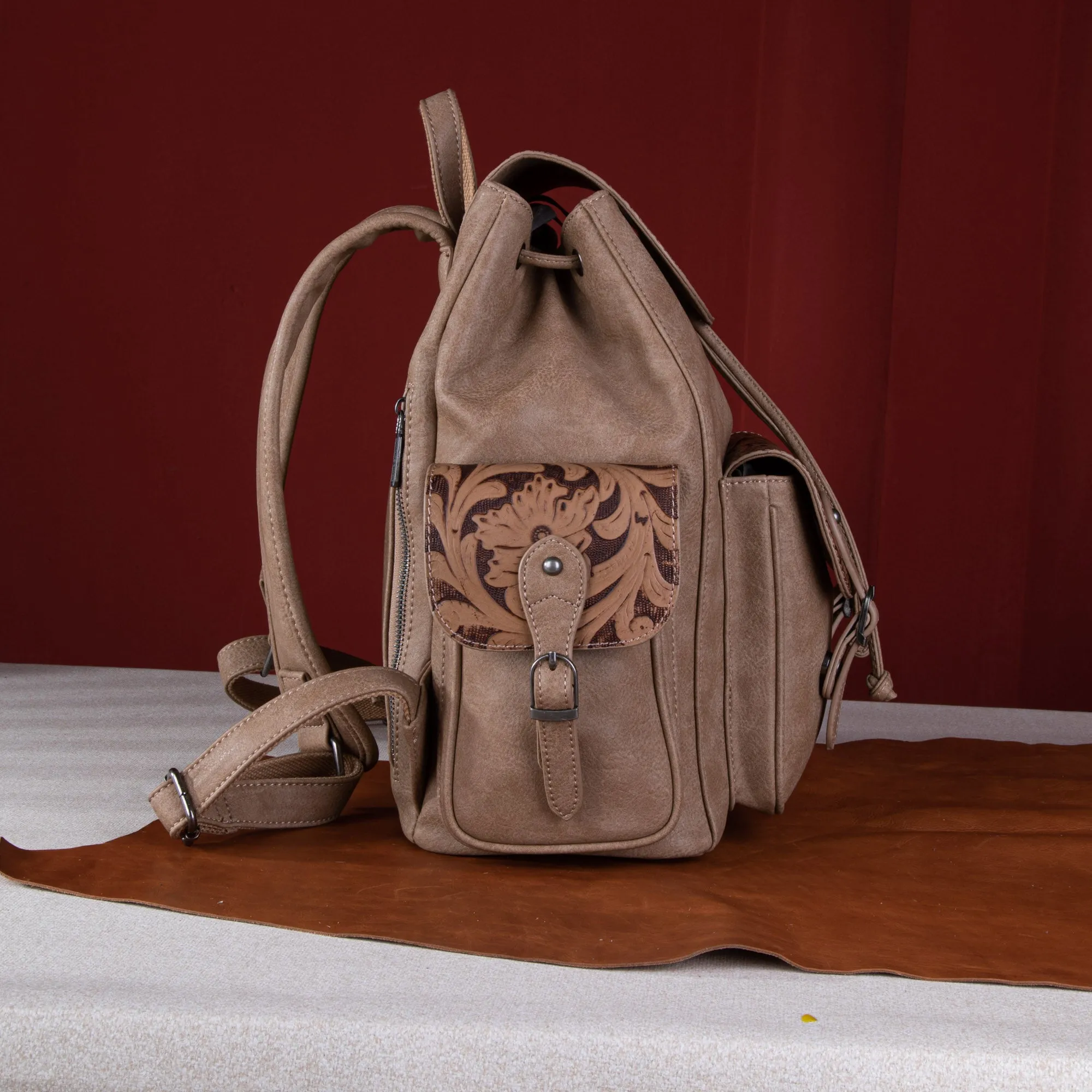 WG12-9110B  Wrangler Vintage Floral Tooled Backpack - Khaki