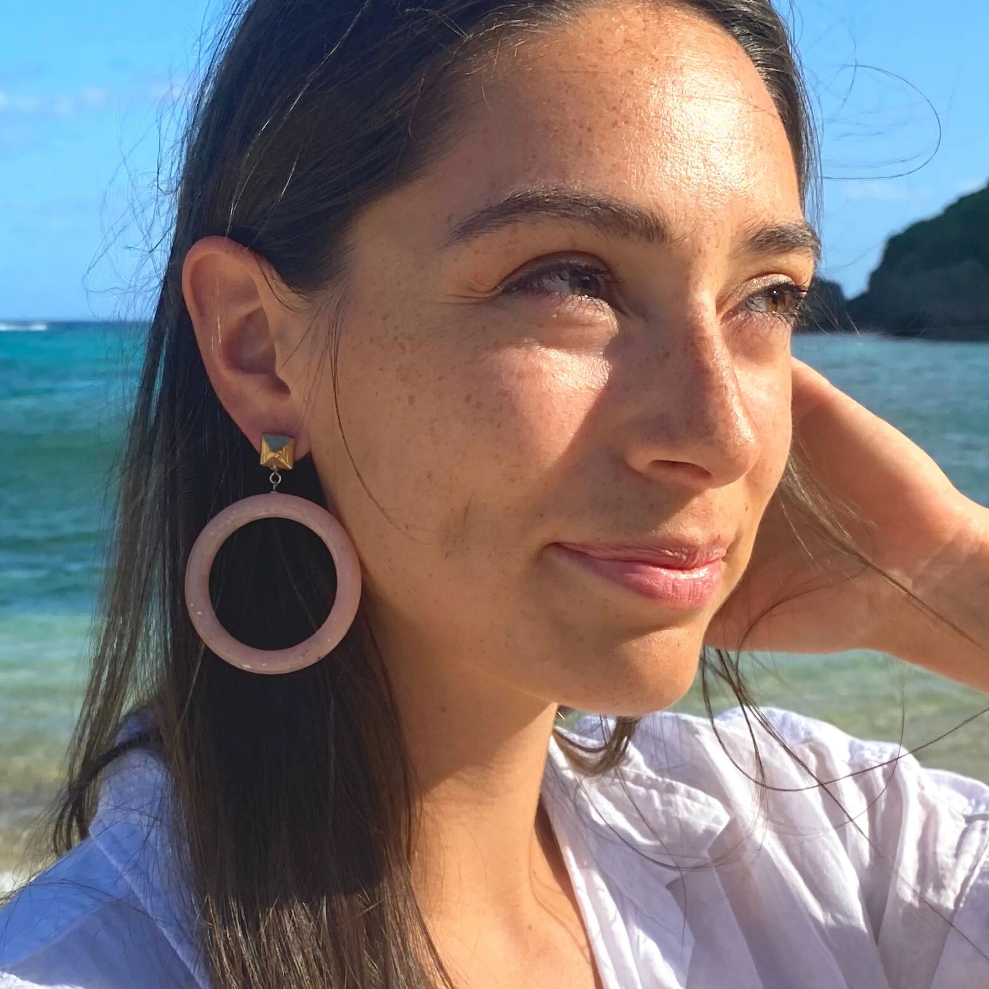 White Speckled with Brass Nailhead Donut Drop Earrings