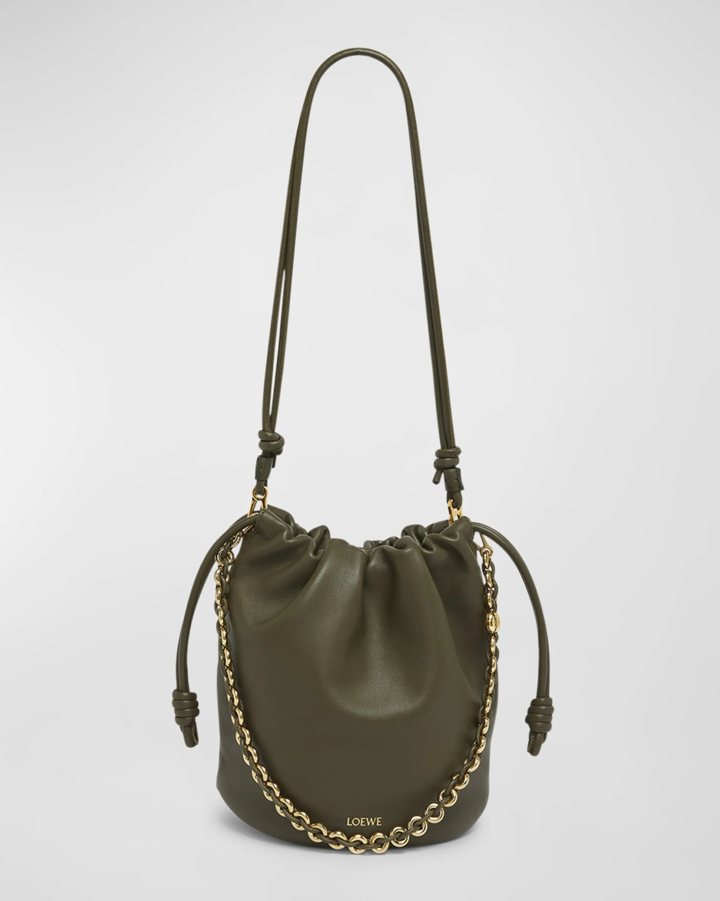 x Paula’s Ibiza Flamenco Bucket Bag in Napa Leather with Chain