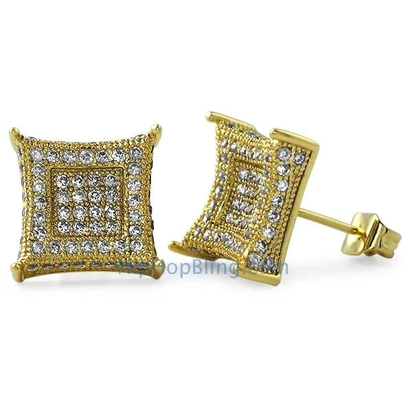 XL 3D Box Kite Gold CZ Bling Bling Earrings